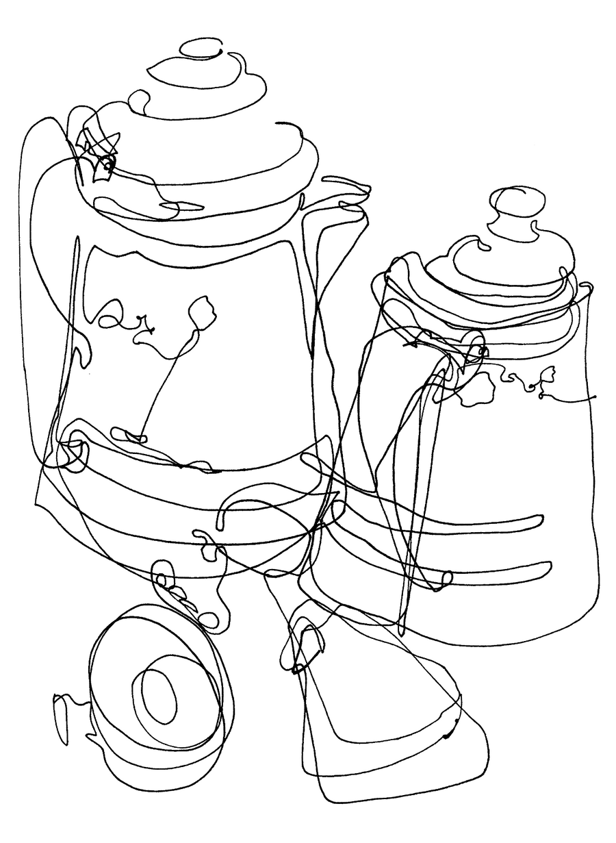 A black-and-white image of a continuous contour line drawing of several pitchers. This sketch was completed with pen and ink in 2017 by A. Sultana.