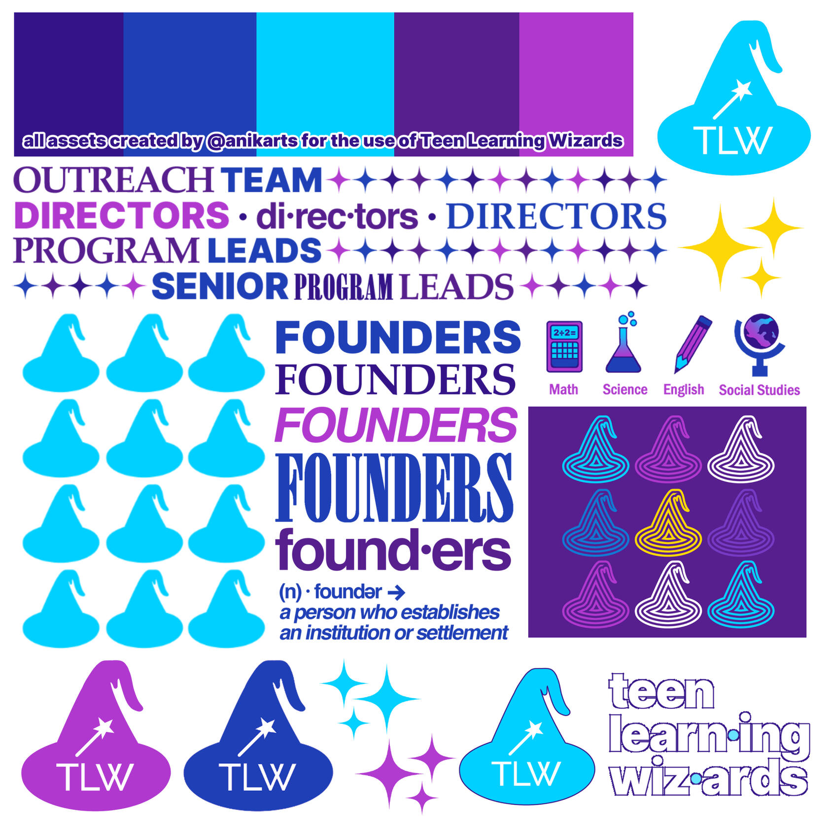 A compilation of digital visual assets for the use of Teen Learning Wizards. These graphics were designed by A. Sultana in 2021 using Clip Studio Paint.