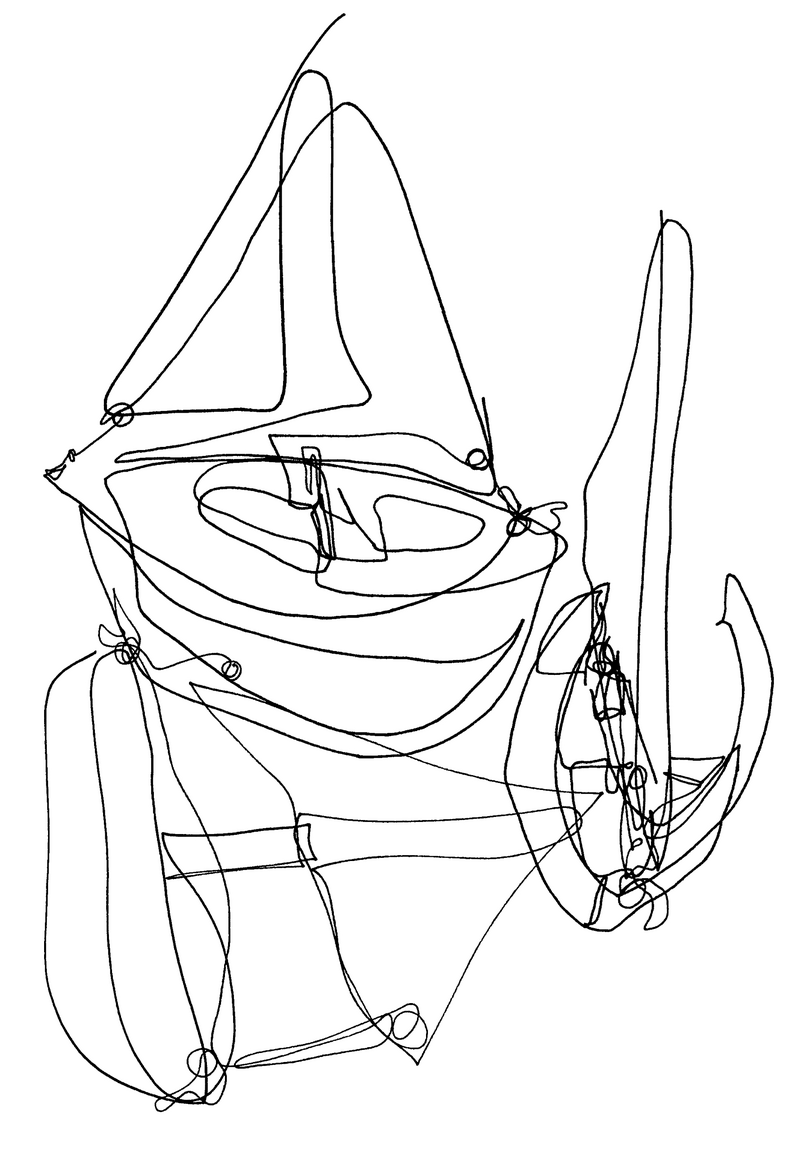 A black-and-white image of a continuous contour line drawing of several boats. This sketch was completed with pen and ink in 2017 by A. Sultana.